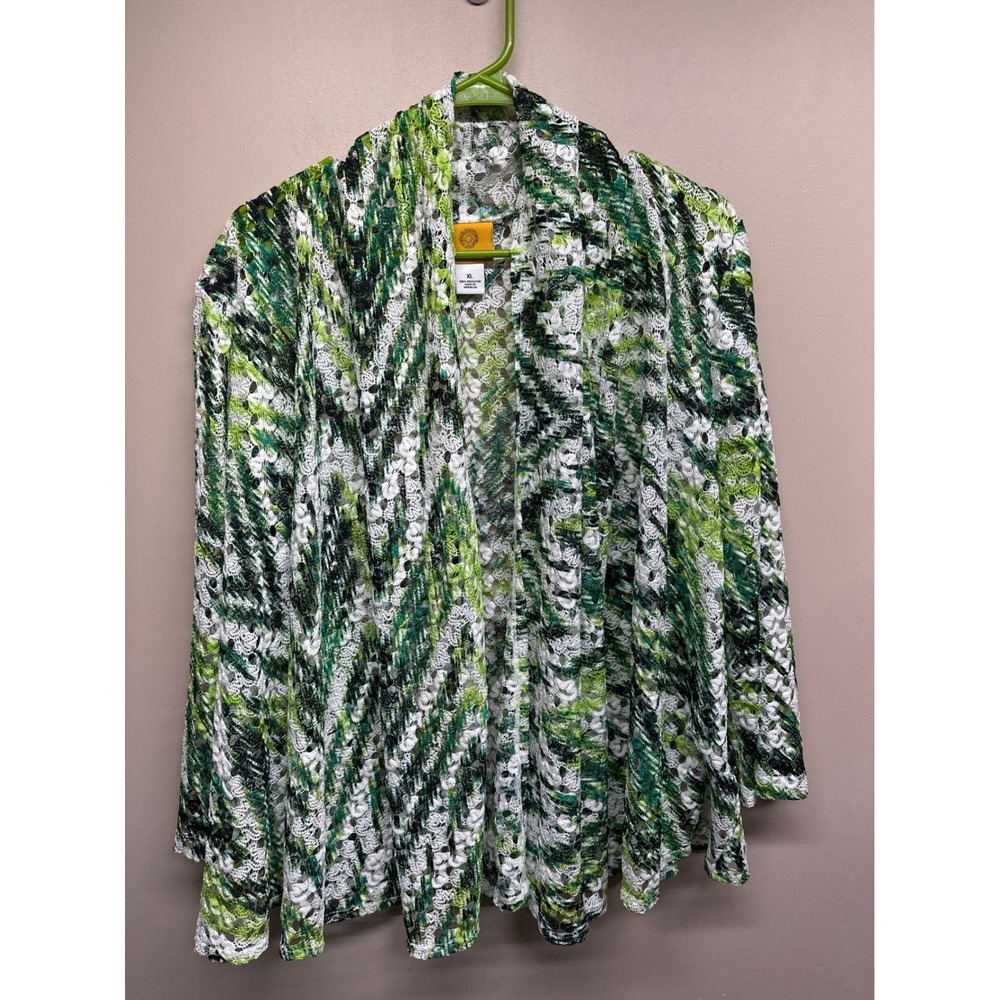 Ruby Rd Womens‎ Open Knit Cardigan Sweater Green White Black Print XL